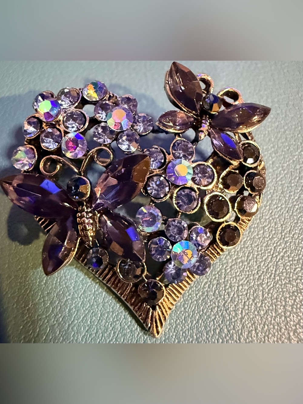 Elegant Purple Crystal Butterfly Heart Brooch